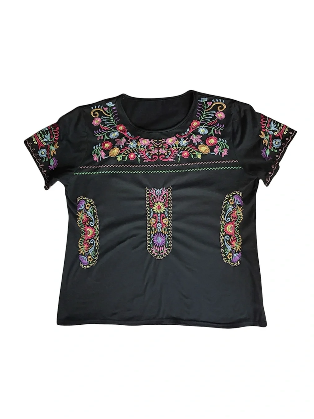Mexican Embroidered Peasant Blouse Black Floral LG